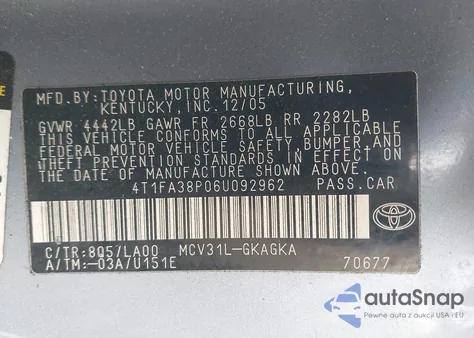 2006 Toyota Camry Solara Sle z USA, uszkodzony, nr VIN 4T1FA38P06U092962